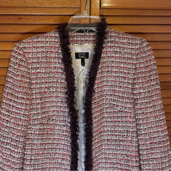 ESCADA Exclusive For Neiman Marcus Tweed Checked Jacket with Brown Trim Size 34 - Picture 2 of 11